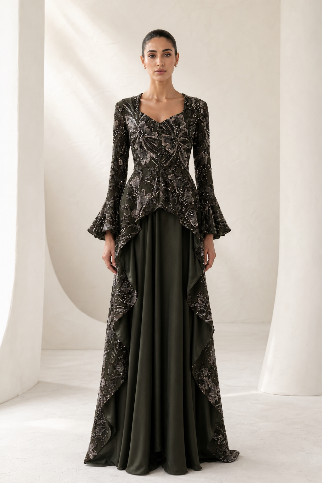 Olive Sequin Bell-Sleeve Ruffle Gown