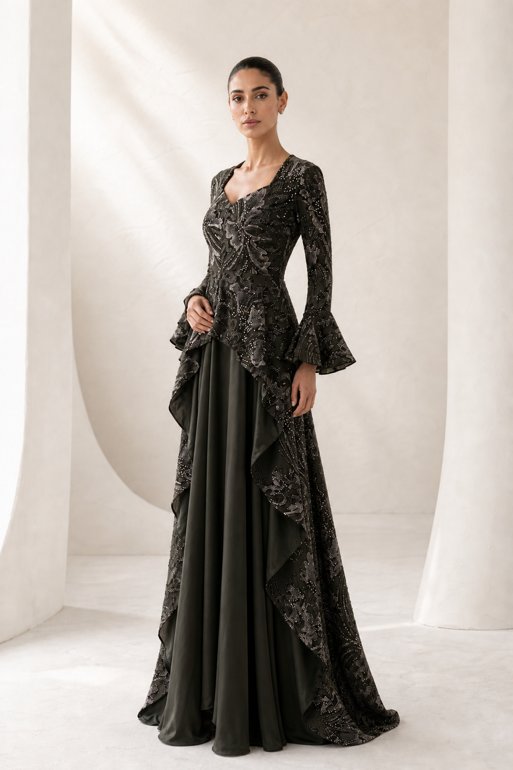 Olive Sequin Bell-Sleeve Ruffle Gown