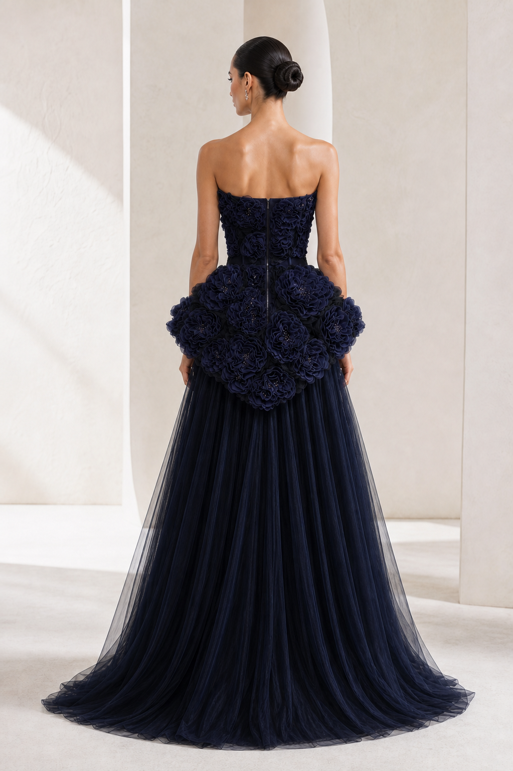 Navy Rosette Peplum Tulle Gown