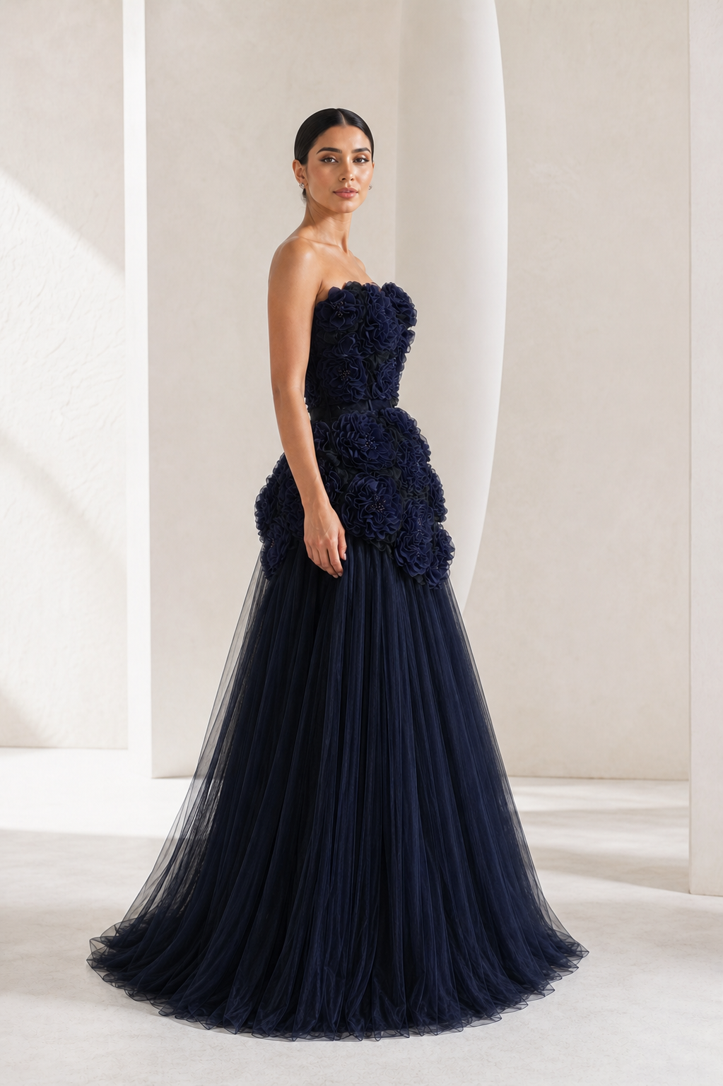 Navy Rosette Peplum Tulle Gown