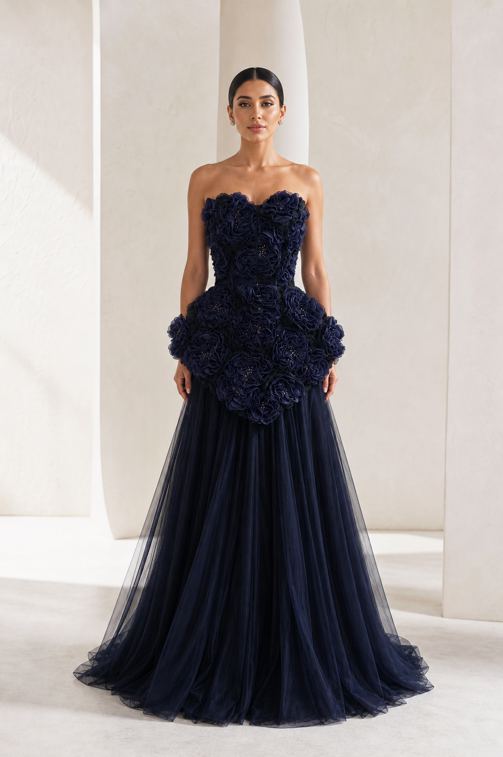 Navy Rosette Peplum Tulle Gown