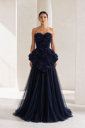 Navy Rosette Peplum Tulle Gown