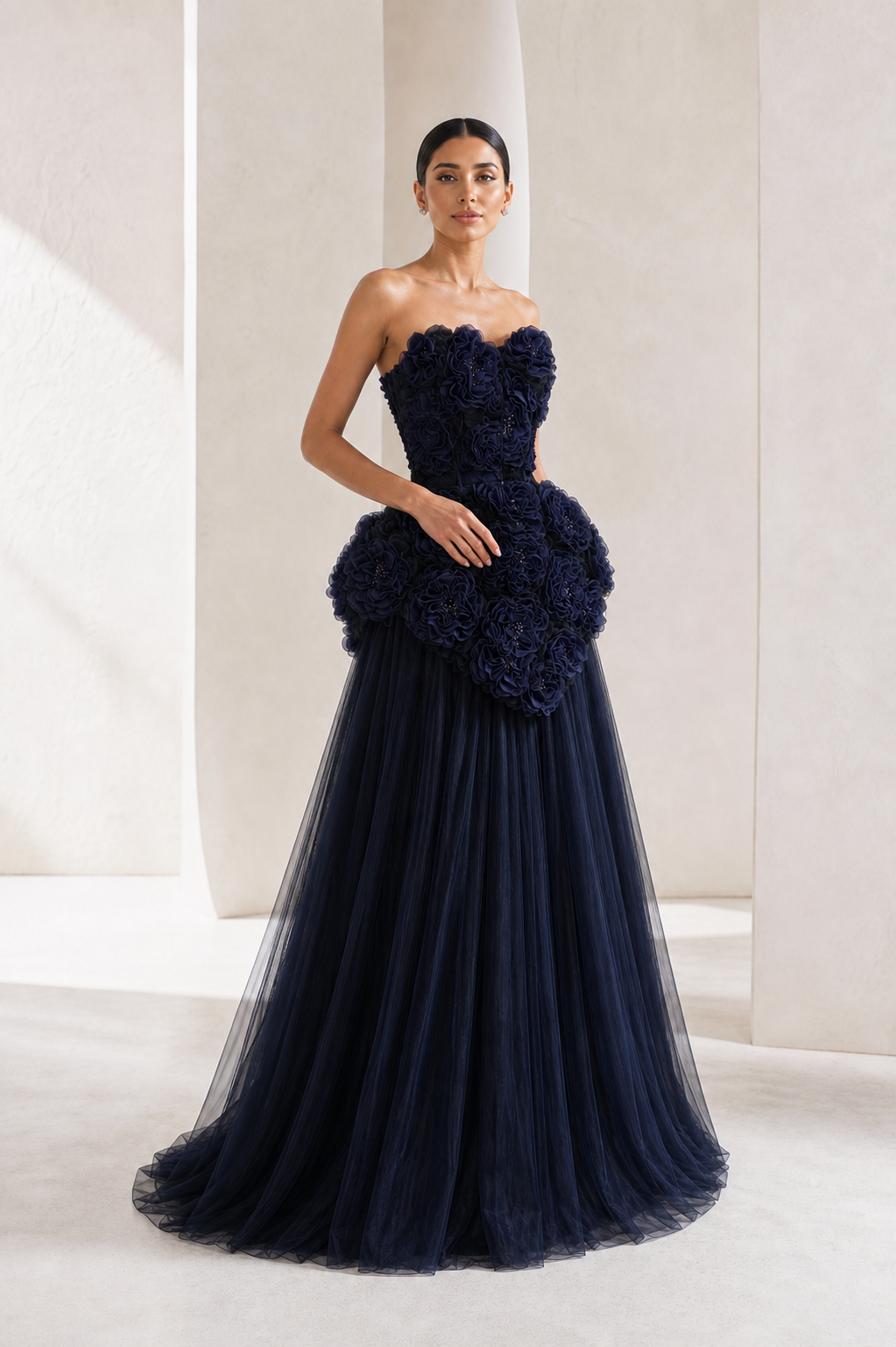 Navy Rosette Peplum Tulle Gown