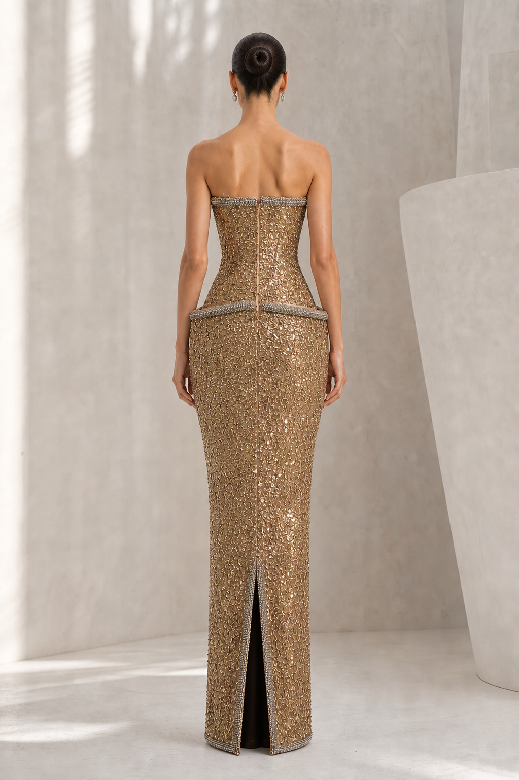 Gold Sequin Crystal-Trim Peplum Gown