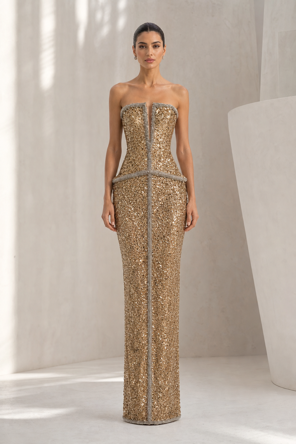 Gold Sequin Crystal-Trim Peplum Gown