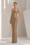 Gold Sequin Crystal-Trim Peplum Gown