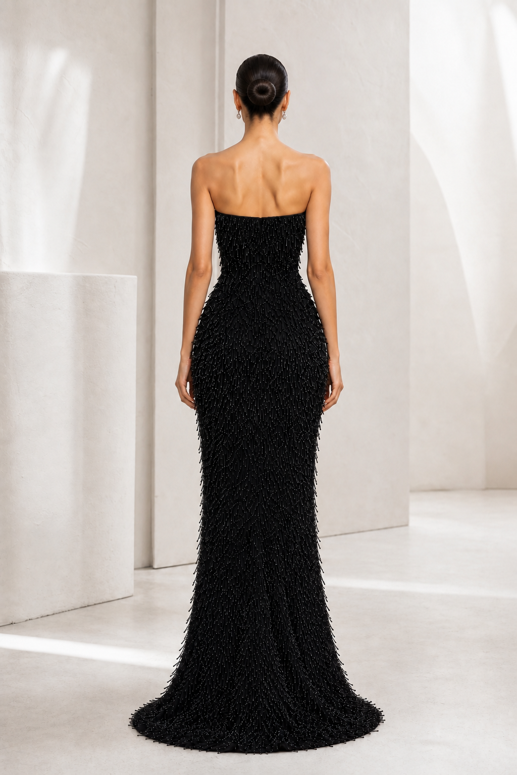 Black Beaded Fringe Mermaid Gown