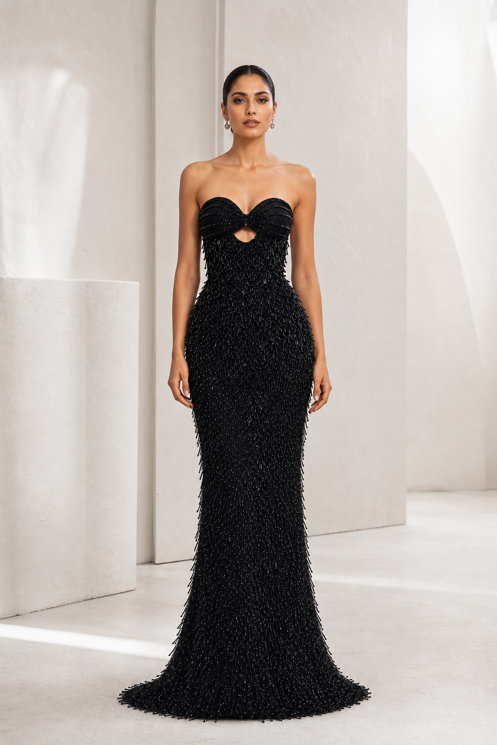 Black Beaded Fringe Mermaid Gown
