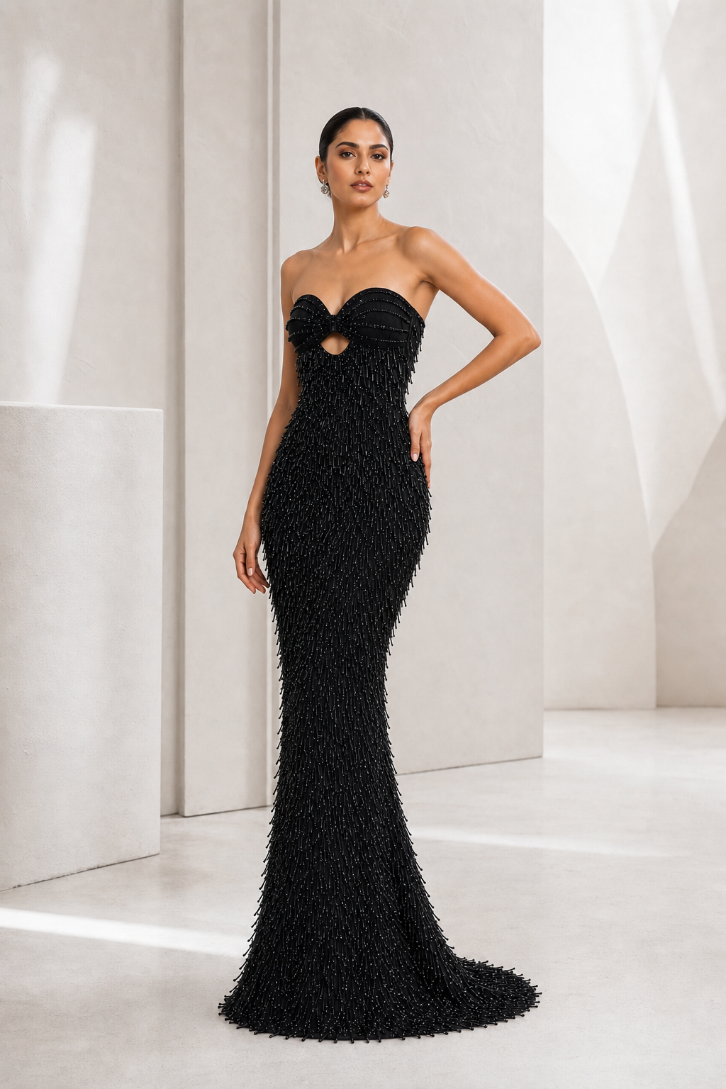 Black Beaded Fringe Mermaid Gown