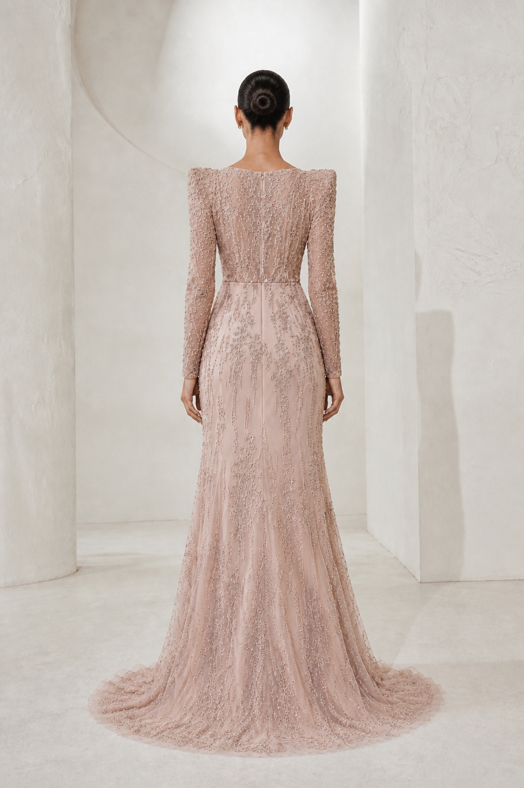 Blush Beaded Lace Long-Sleeve Gown
