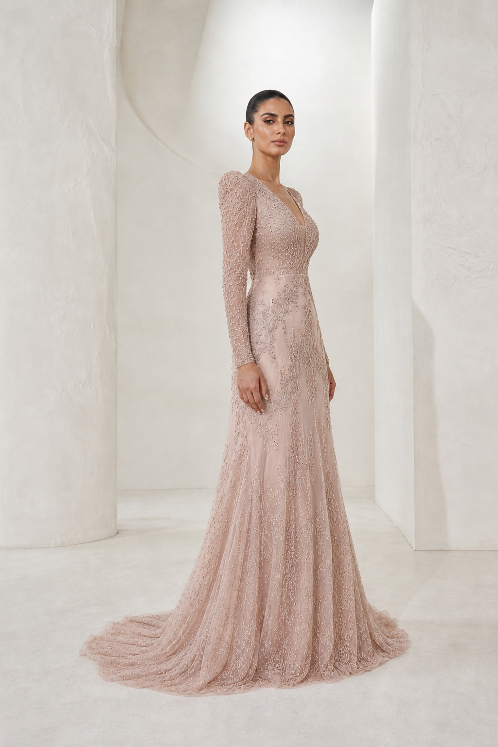 Blush Beaded Lace Long-Sleeve Gown