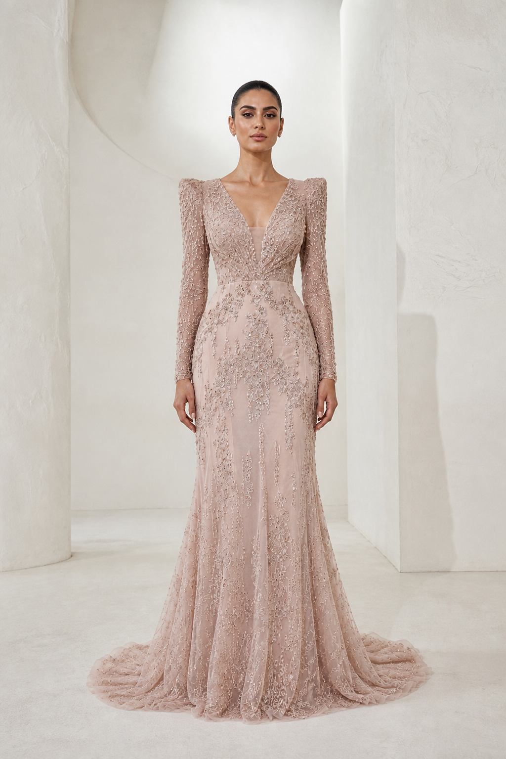 Blush Beaded Lace Long-Sleeve Gown