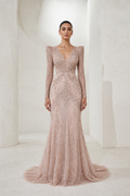 Blush Beaded Lace Long-Sleeve Gown