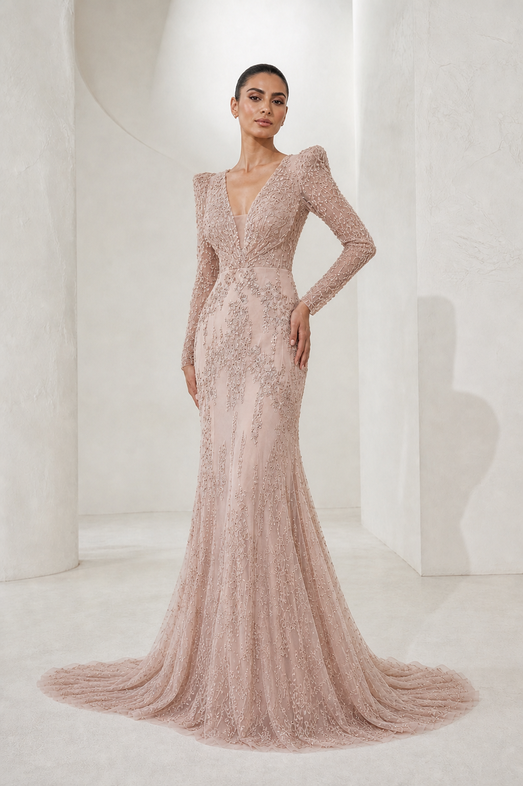 Blush Beaded Lace Long-Sleeve Gown