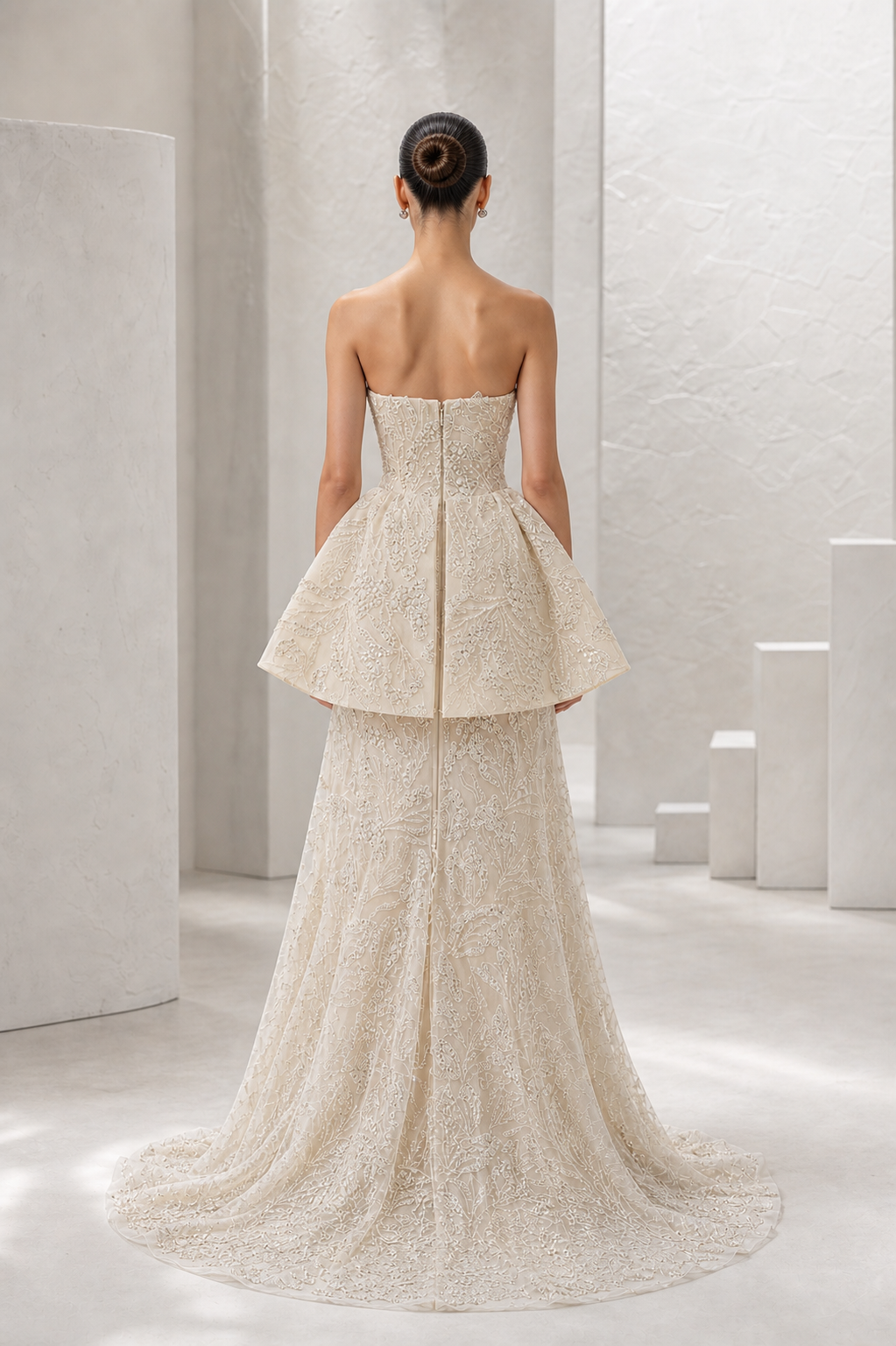 Ivory Beaded Peplum Mermaid Gown