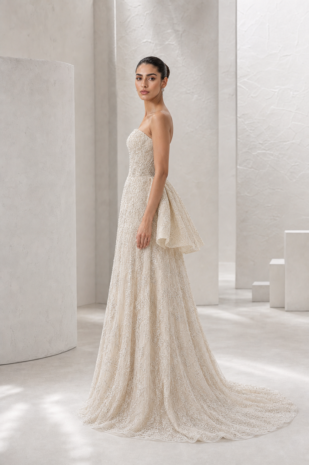 Ivory Beaded Peplum Mermaid Gown