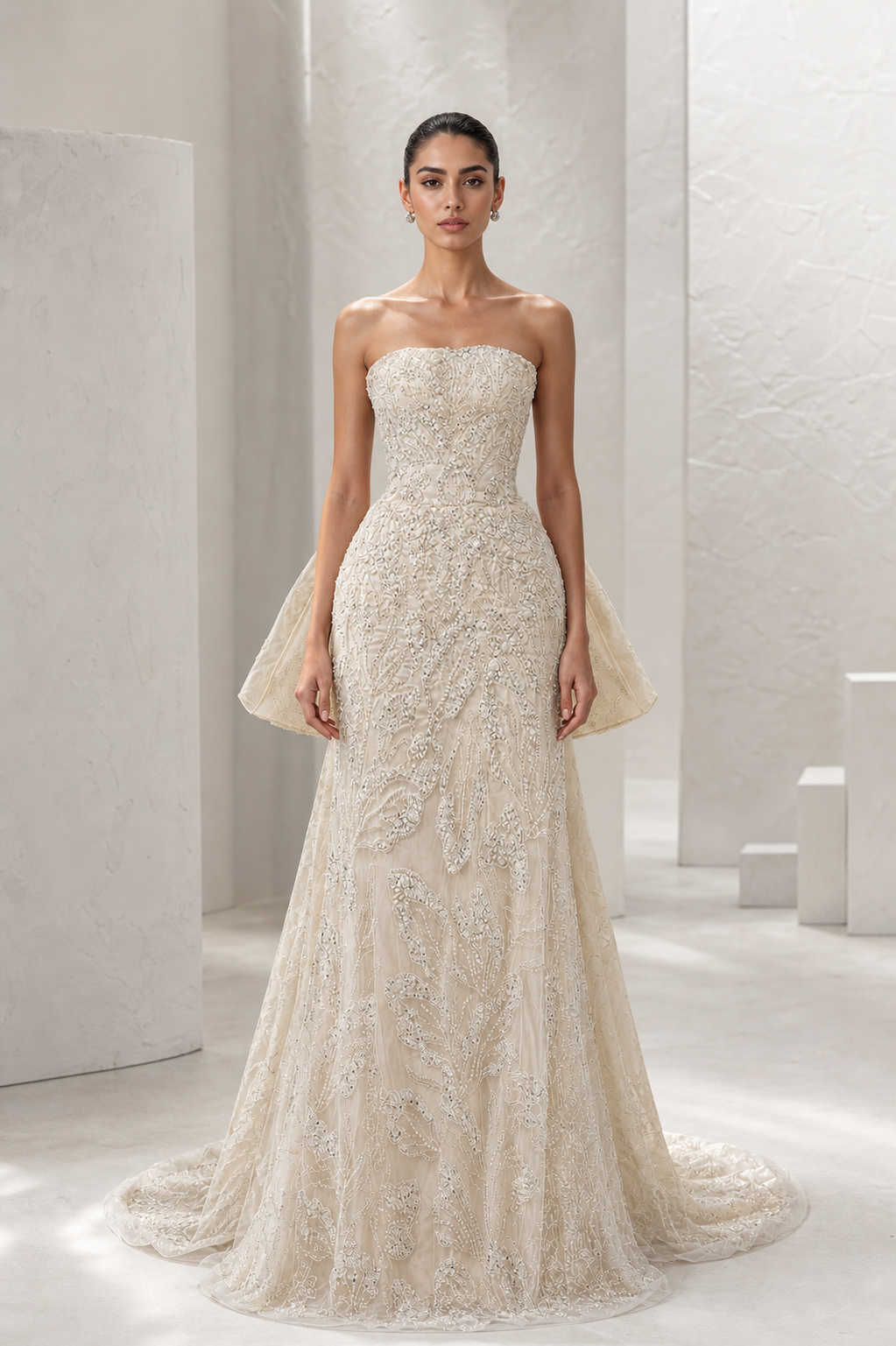 Ivory Beaded Peplum Mermaid Gown