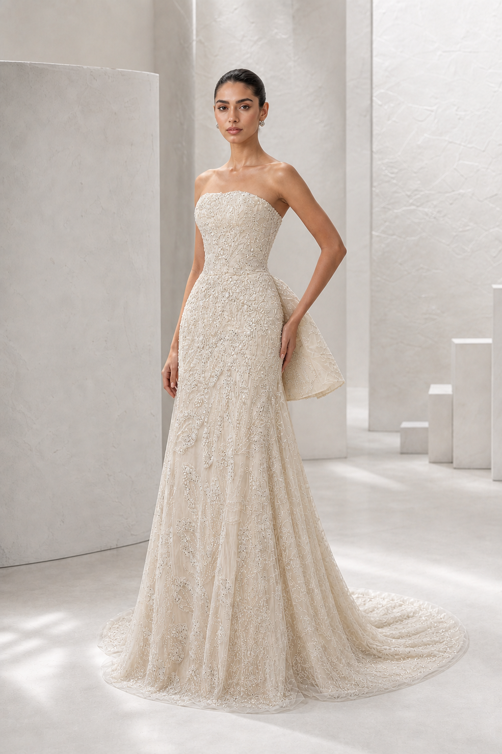 Ivory Beaded Peplum Mermaid Gown