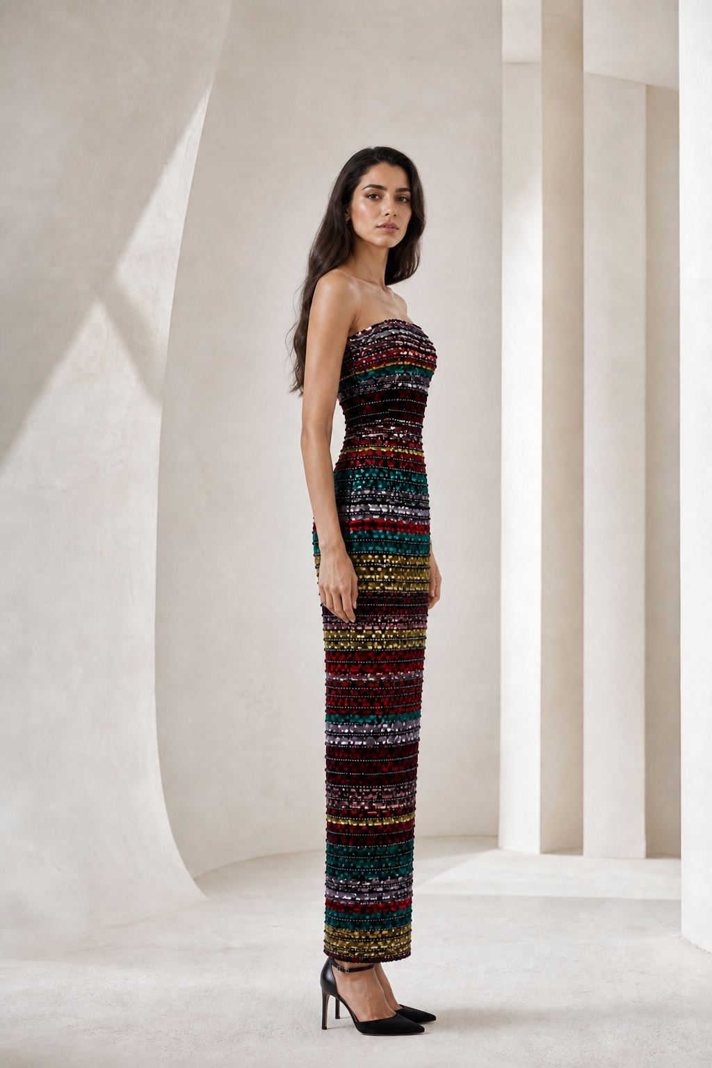 Multicolor Sequin Stripe Column Dress