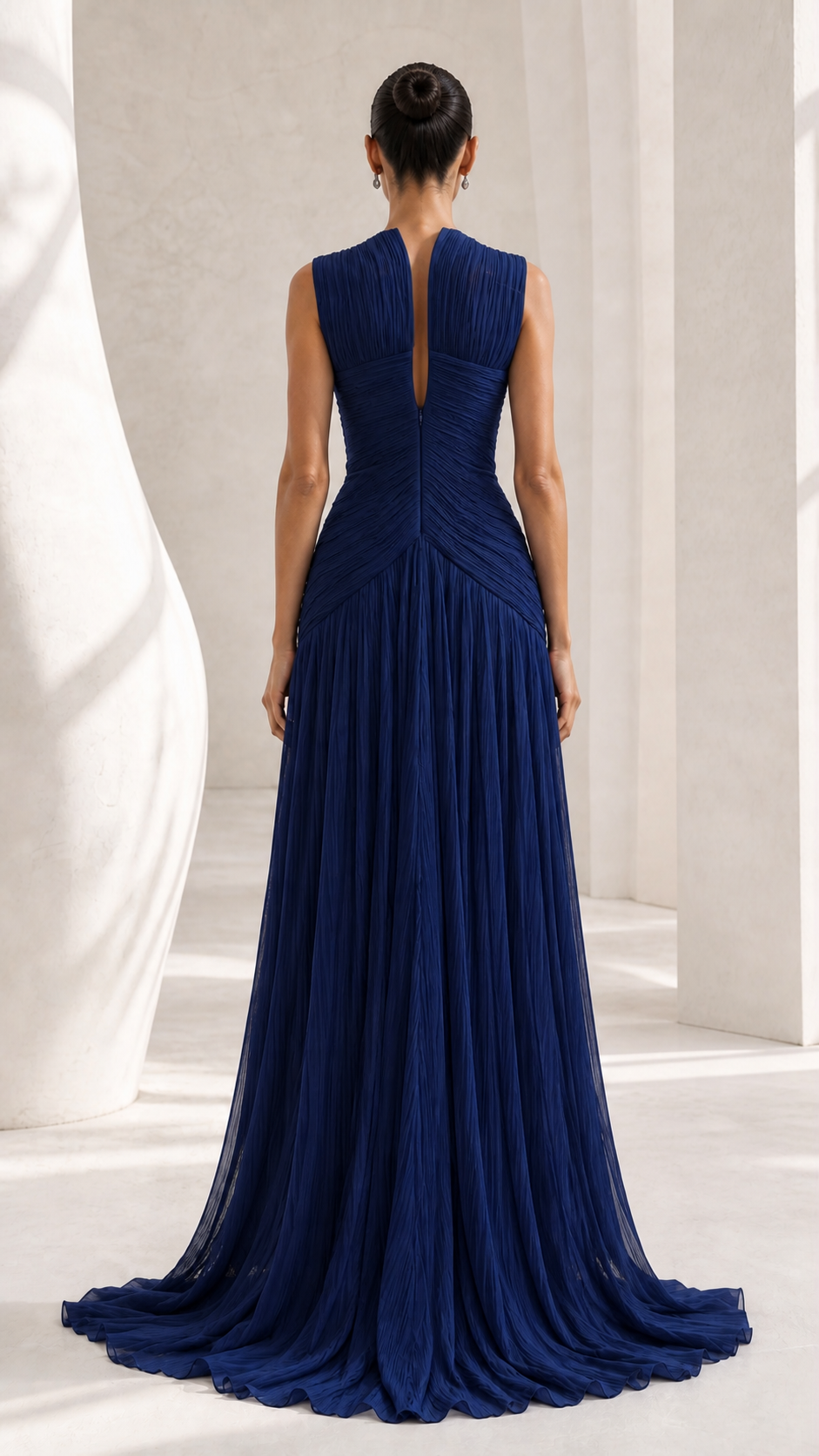 Navy Pleated Chiffon Grecian Gown