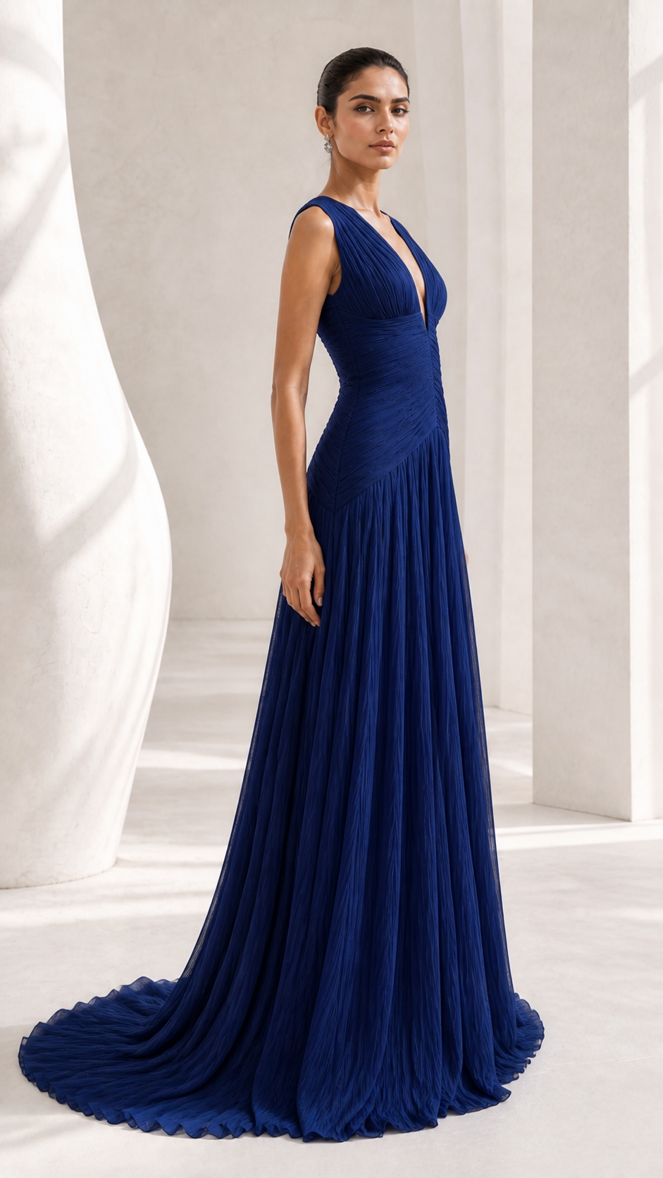Navy Pleated Chiffon Grecian Gown