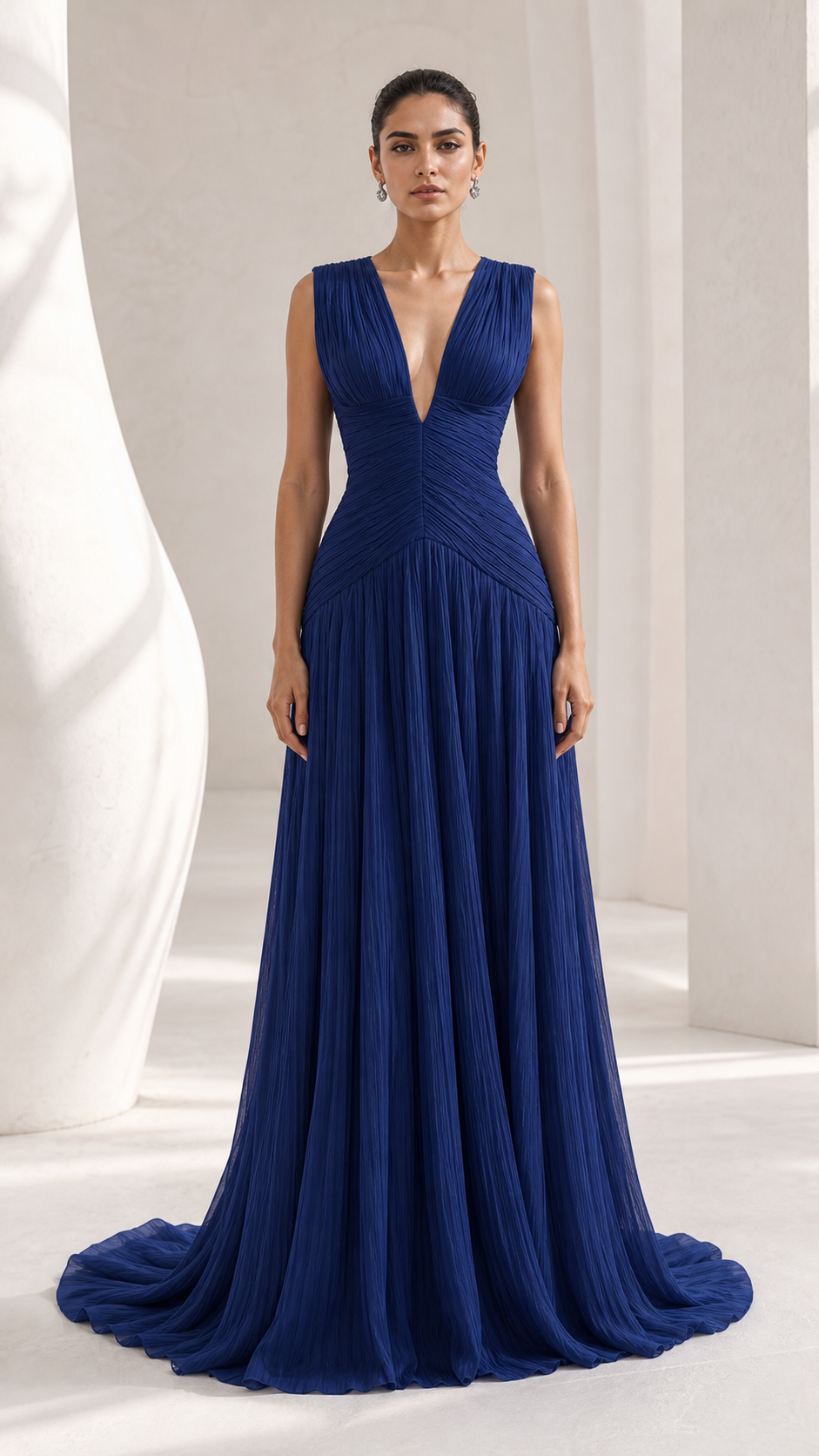 Navy Pleated Chiffon Grecian Gown