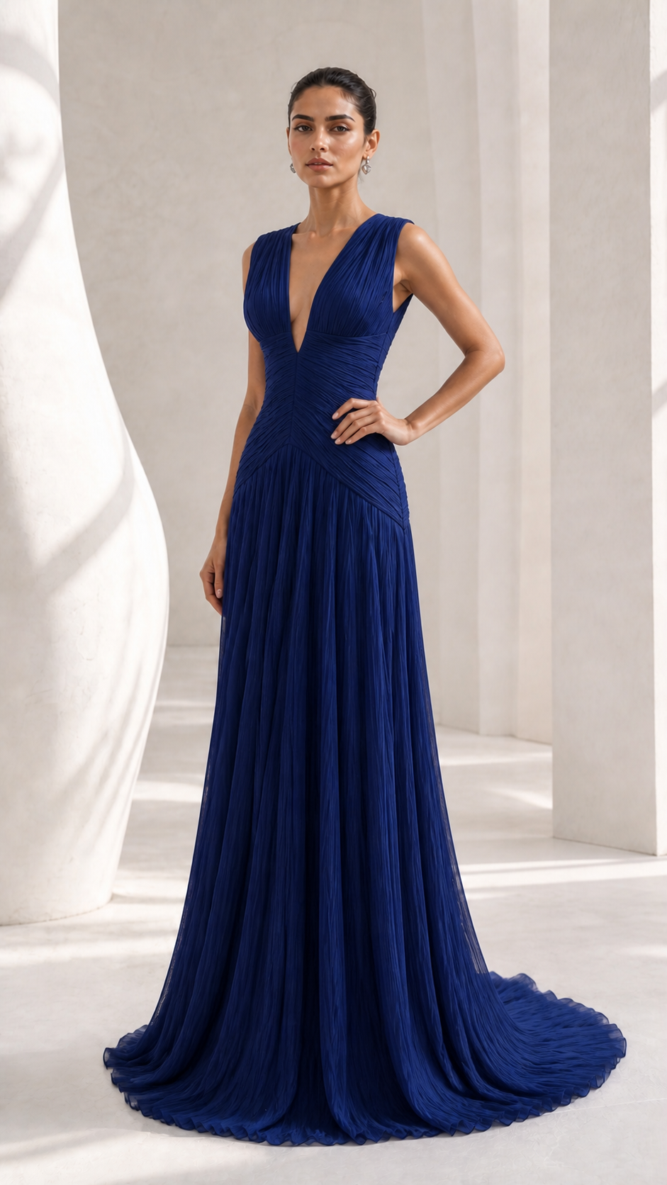 Navy Pleated Chiffon Grecian Gown