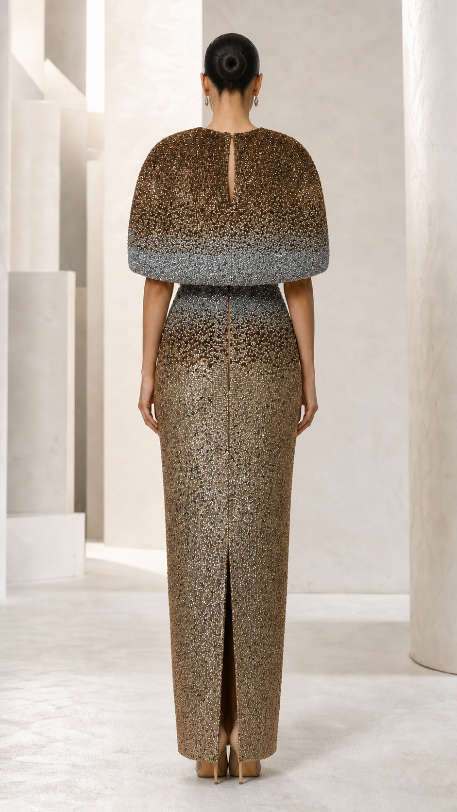 Bronze Ombré Sequin Caplet Gown