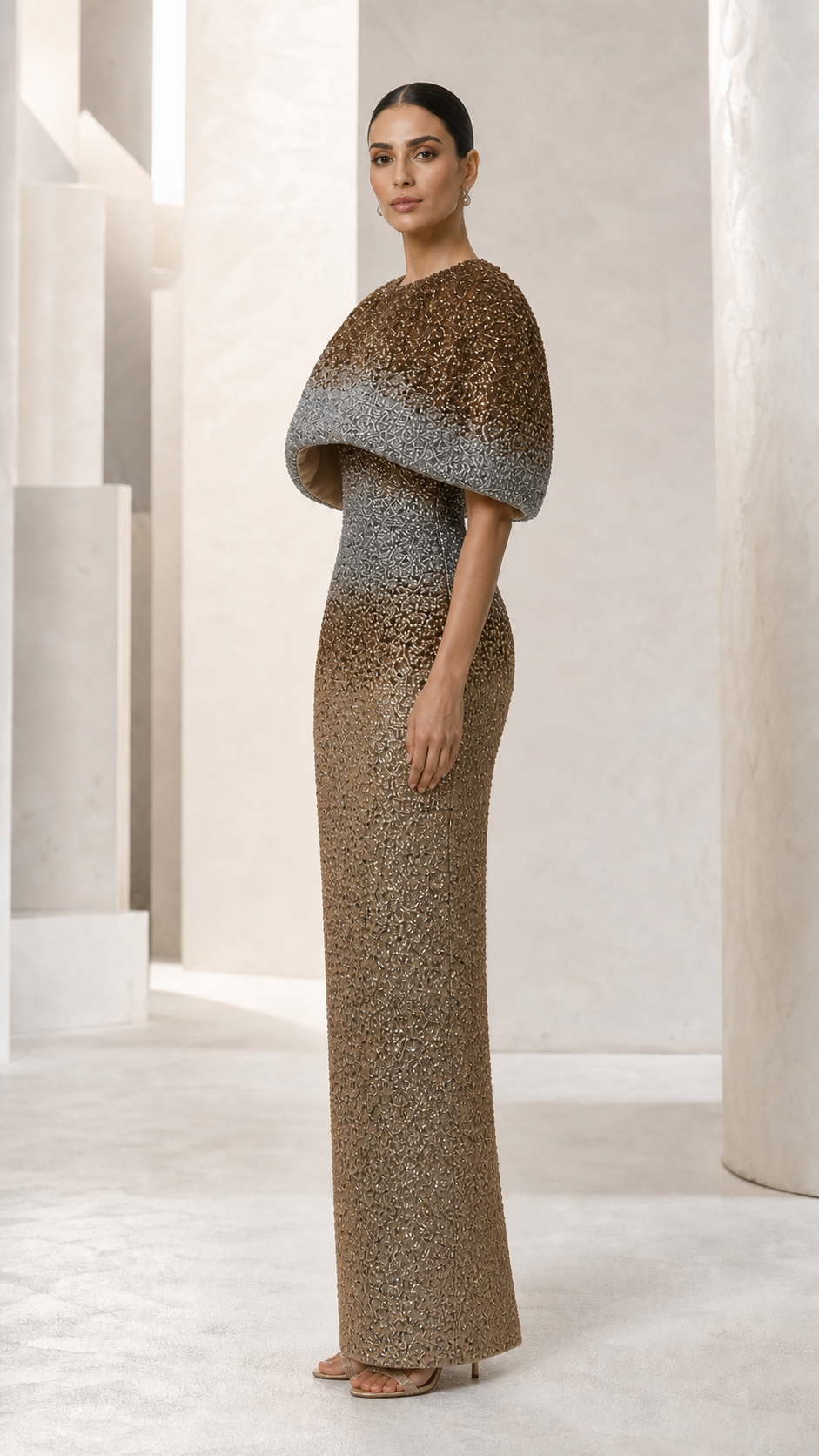 Bronze Ombré Sequin Caplet Gown