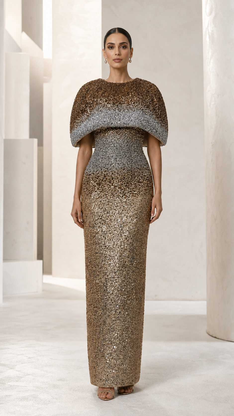 Bronze Ombré Sequin Caplet Gown