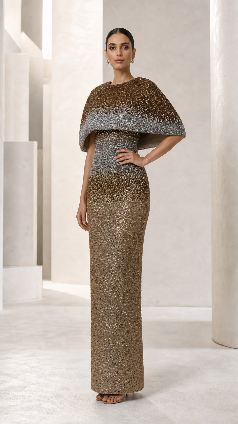 Bronze Ombré Sequin Caplet Gown