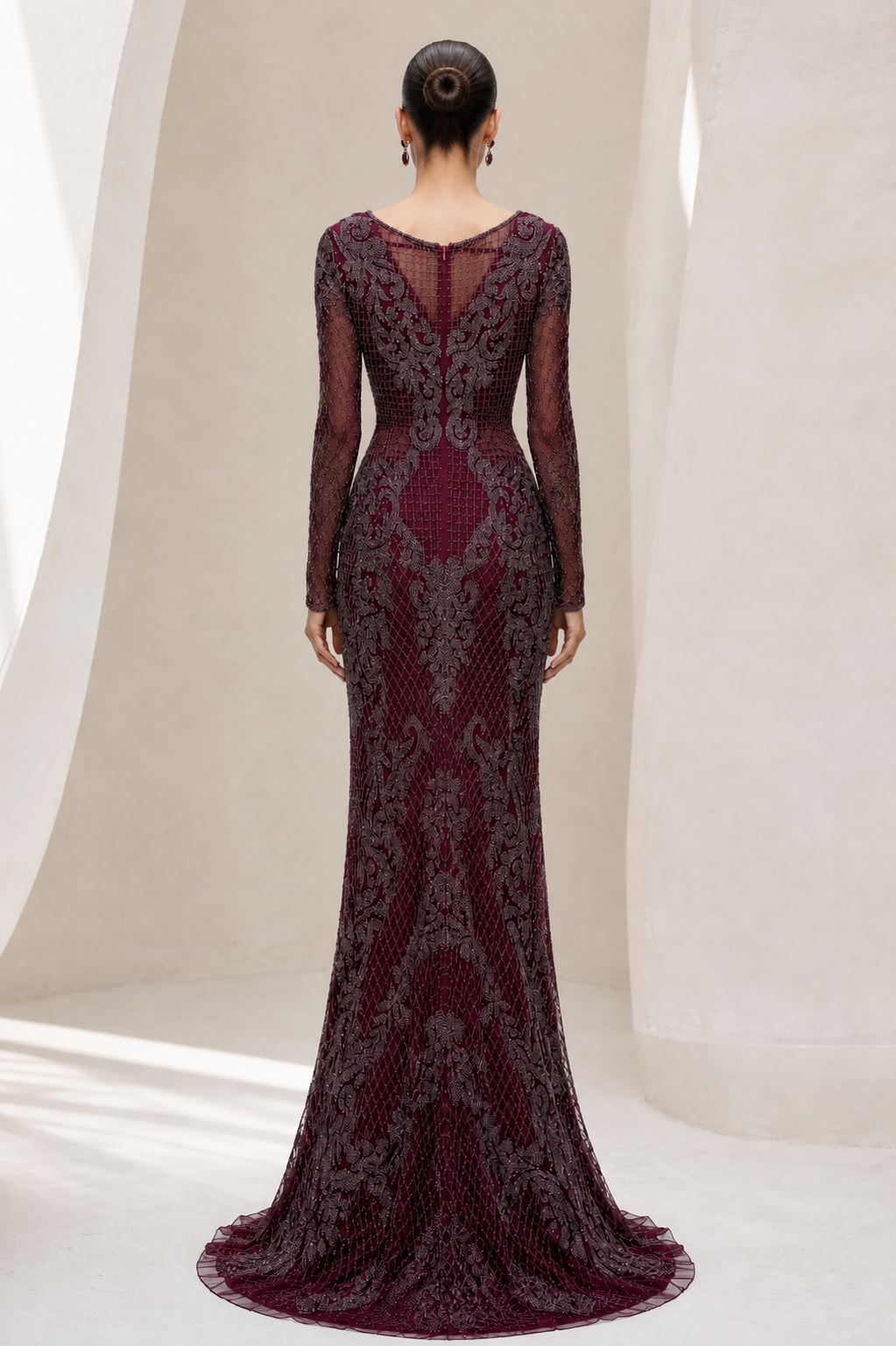 Burgundy Beaded Lace Long-Sleeve Gown