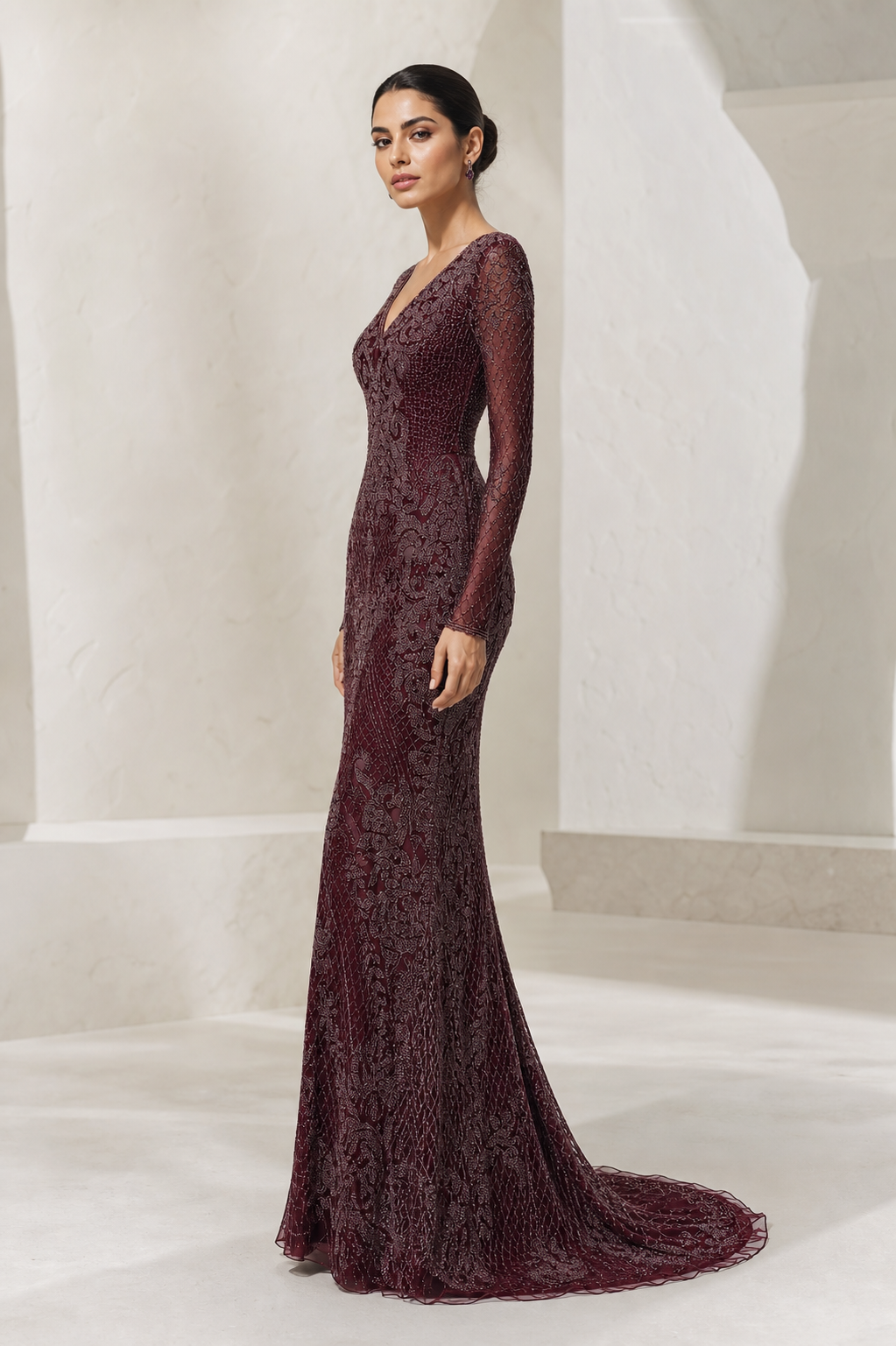 Burgundy Beaded Lace Long-Sleeve Gown