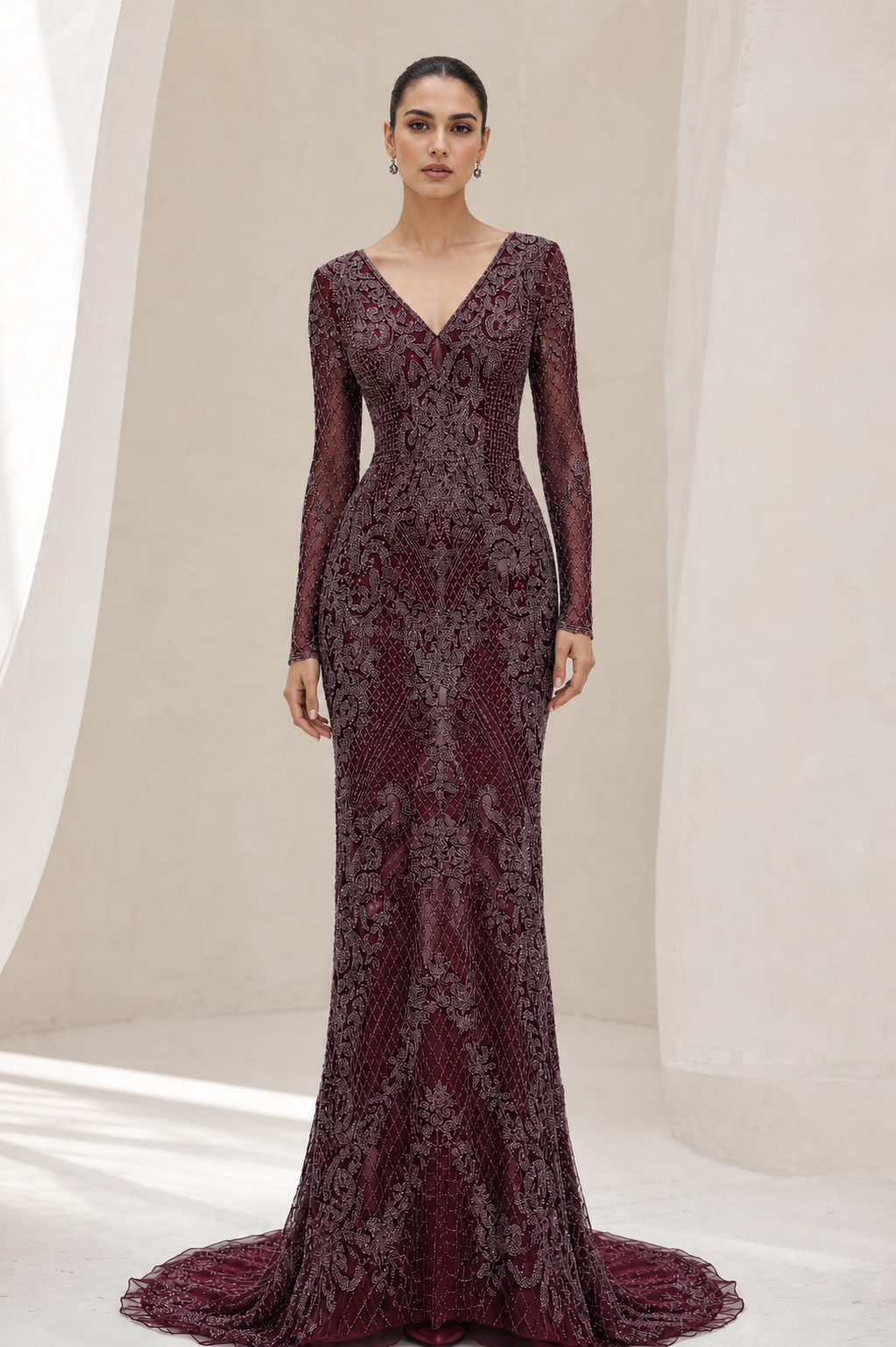 Burgundy Beaded Lace Long-Sleeve Gown
