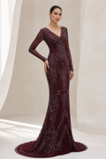 Burgundy Beaded Lace Long-Sleeve Gown