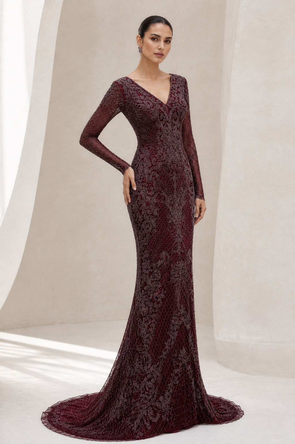 Burgundy Beaded Lace Long-Sleeve Gown