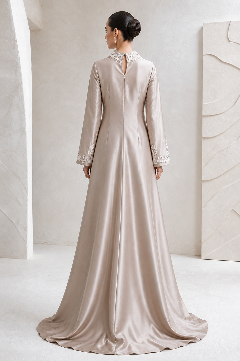 Champagne Embroidered Satin Kaftan Gown