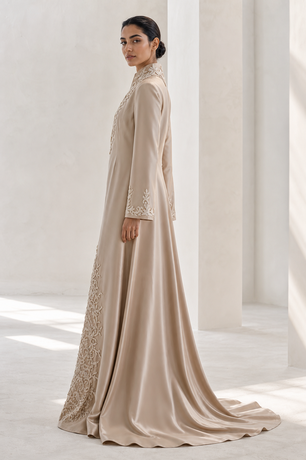 Champagne Embroidered Satin Kaftan Gown