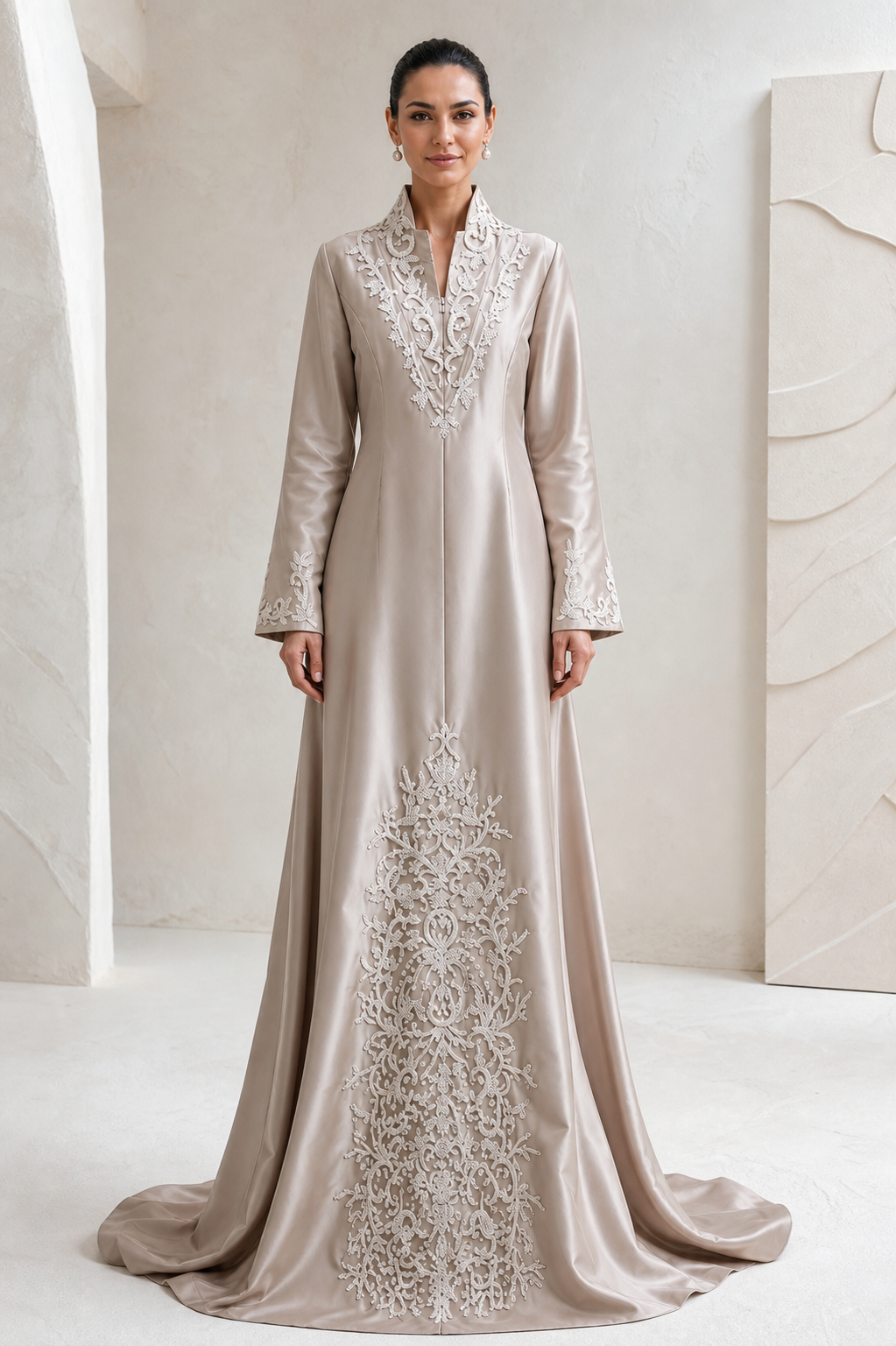 Champagne Embroidered Satin Kaftan Gown