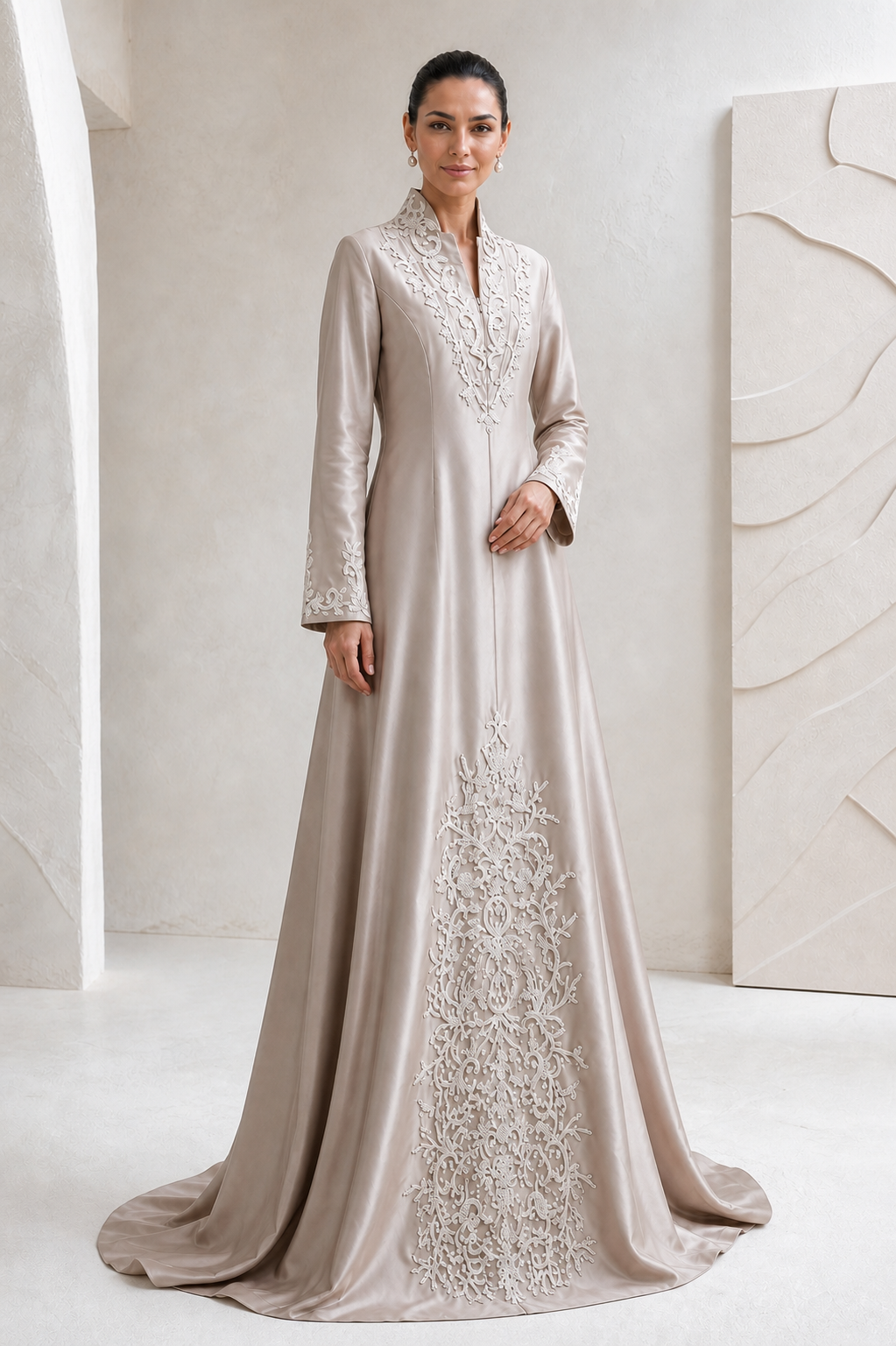 Champagne Embroidered Satin Kaftan Gown