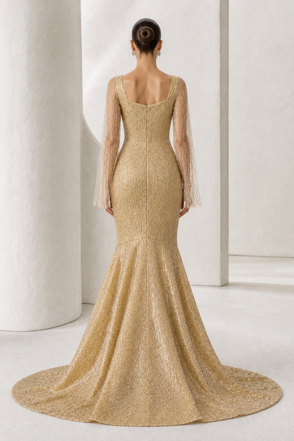 Gold Beaded Cape-Sleeve Mermaid Gown
