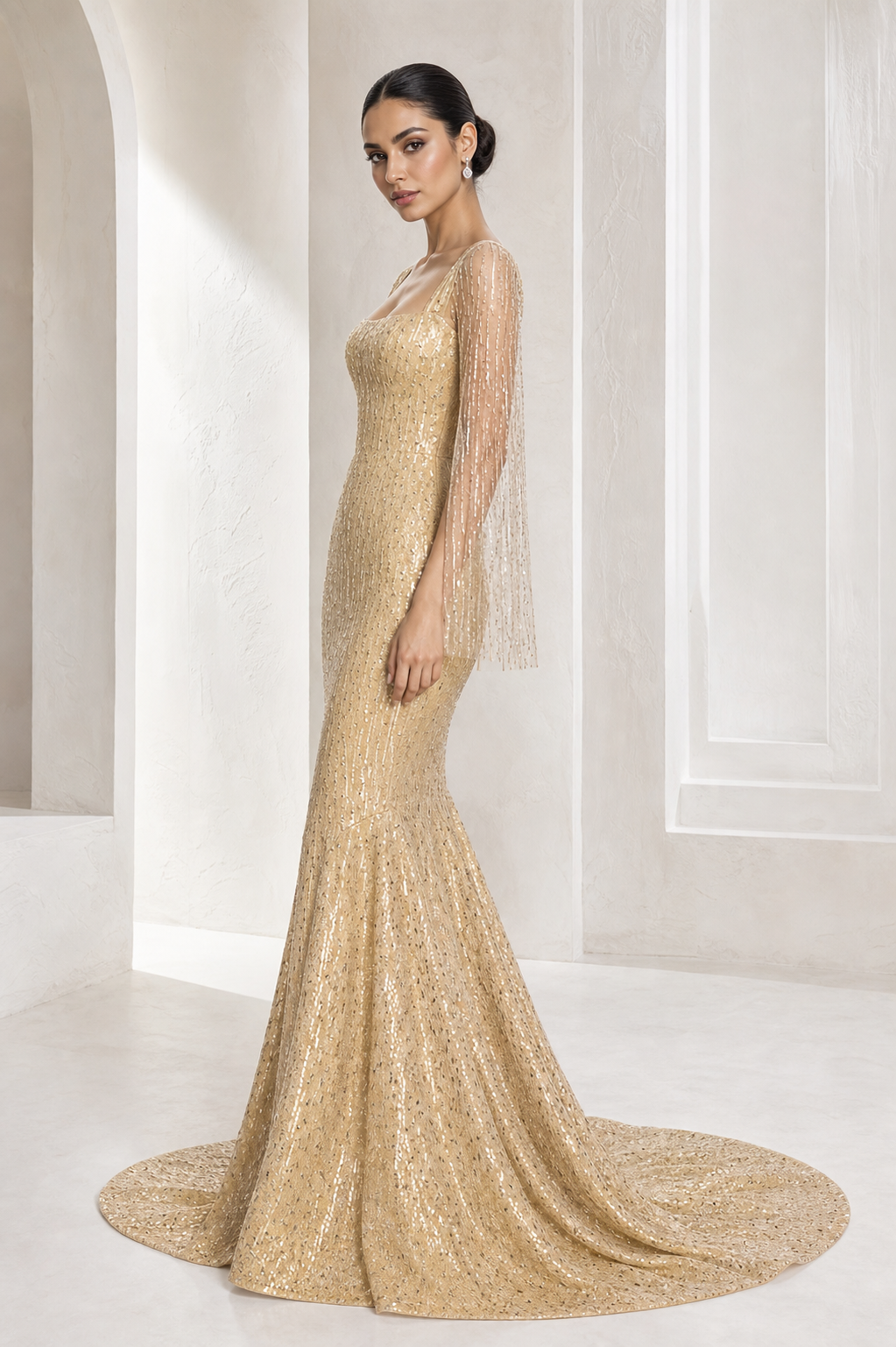Gold Beaded Cape-Sleeve Mermaid Gown