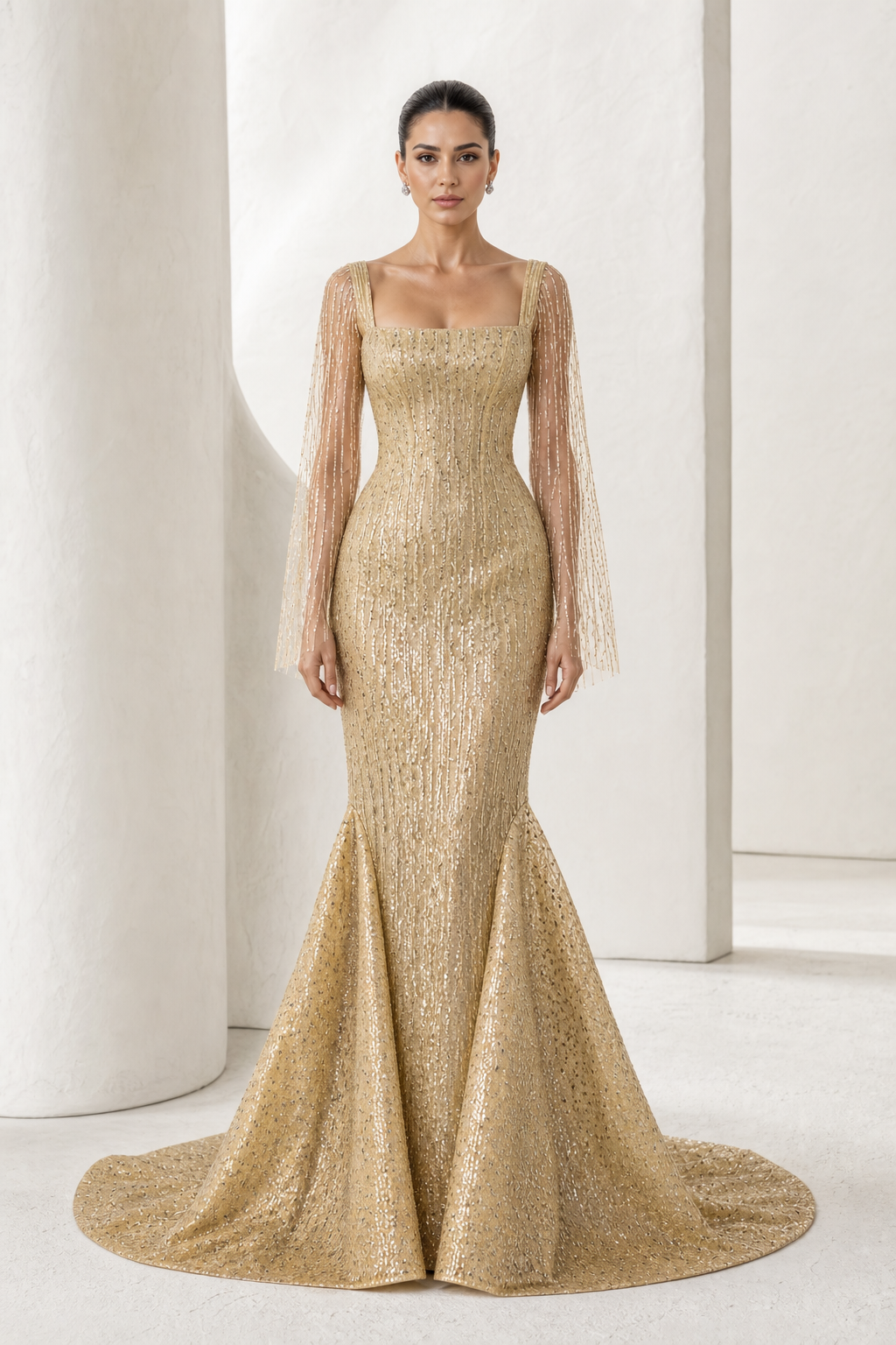 Gold Beaded Cape-Sleeve Mermaid Gown