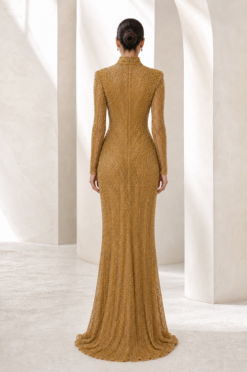 Antique Gold Beaded High-Neck Gown