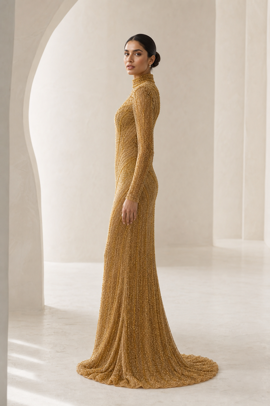 Antique Gold Beaded High-Neck Gown