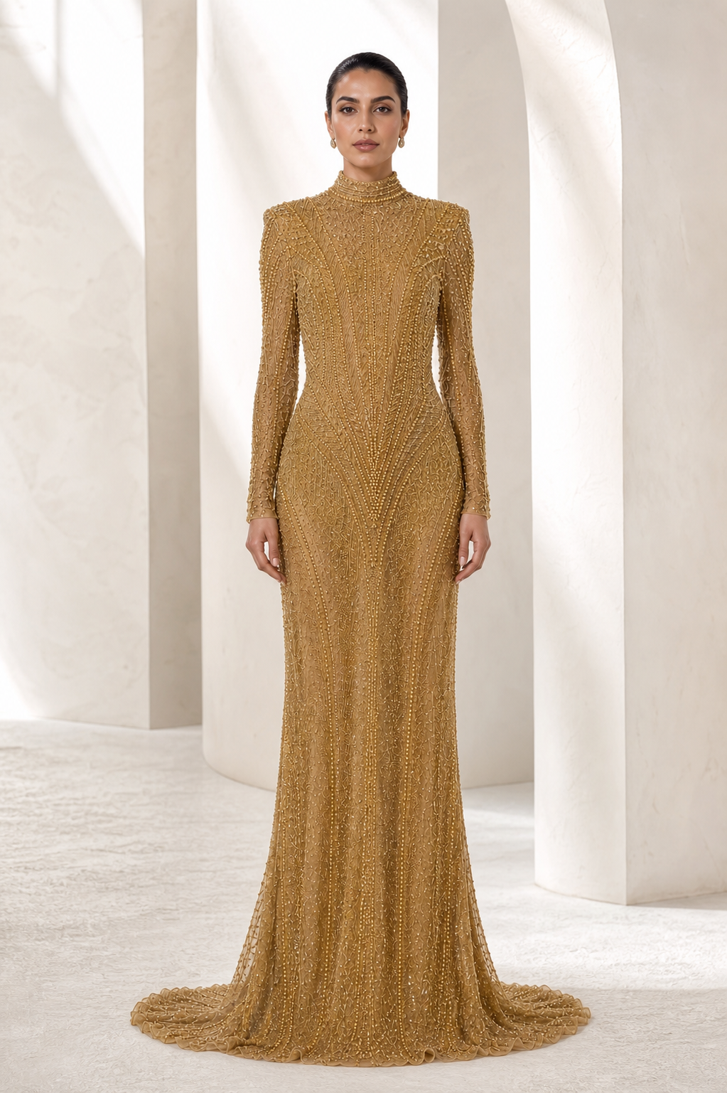 Antique Gold Beaded High-Neck Gown