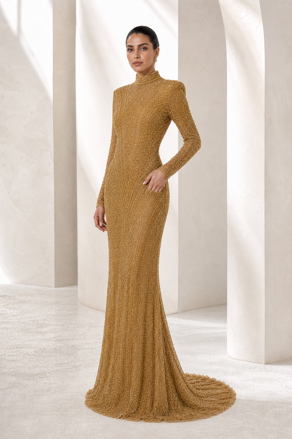 Antique Gold Beaded High-Neck Gown