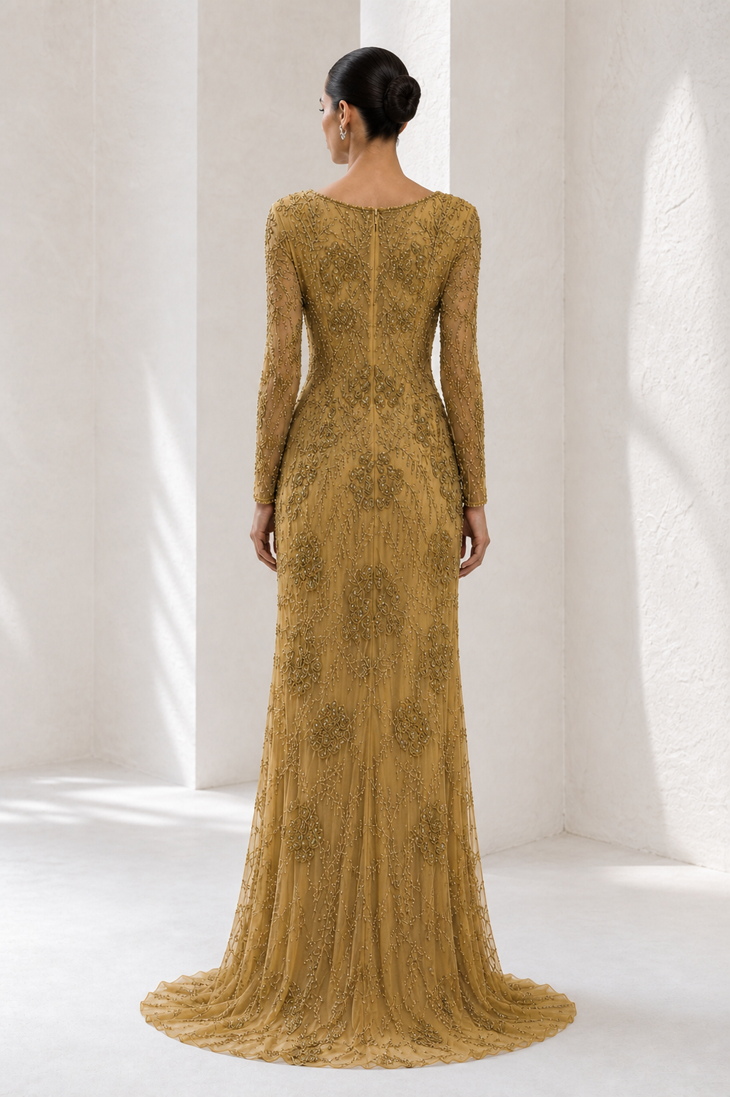 Gold Beaded V-Neck Mermaid Gown
