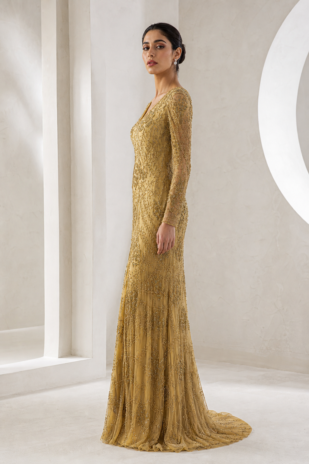 Gold Beaded V-Neck Mermaid Gown