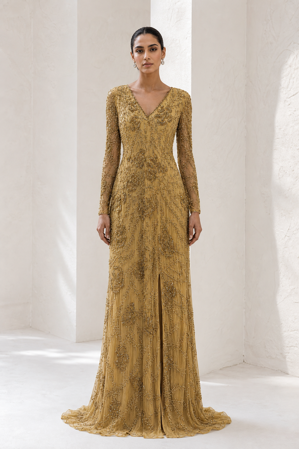 Gold Beaded V-Neck Mermaid Gown